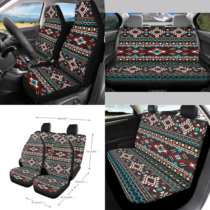Aztec Tribal Geometric Pattern 15 Pieces Car Accessories with Car Seat Cover Steering Wheel Cushion Seat Belt Pad Keychain Cup Coasters Air Vent Bag Trash Can and Mirror Cover