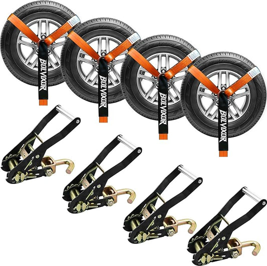 4 Pack Car Tie Down Straps for Trailers 2" x 96" - 9900LBS Break Strength - Tire Ratchet Straps with J Finger Hooks for Hauling UTV, SUV, Truck, Any Cars