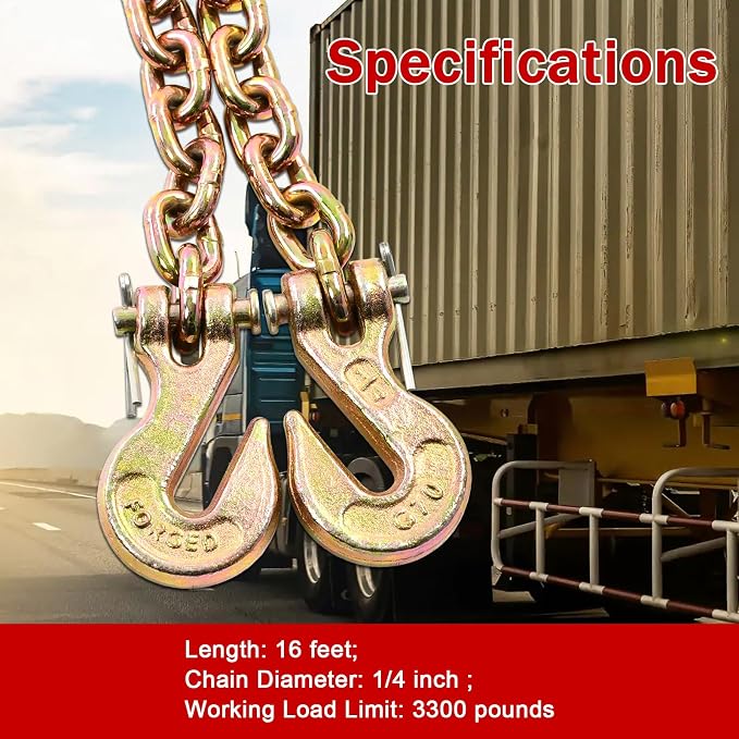 Heavy Duty G80 Transport Binder Chain 1/4'' Inch x 16 Feet,Tow Chain with G70 Clevis Grab Hooks,3300 lbs Safe Working Load Logging Chain for Transporting, Towing(1/4'' x 16FT Yellow).