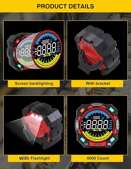 Portable Digital Multimeter Tester 6000 Counts VA Display Auto-Ranging Multifunction Voltage Current Meter Measures AC/DC Volt/Current, Resistance, Capacitance, Temperature,Live Wire Detector