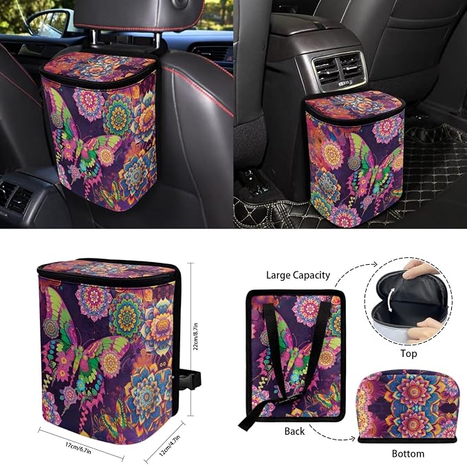 Boho Floral Butterfly Auto Interior Accessories Car Seat Covers with Auto Steering Wheel Cover Seat Belt Covers Car Trash Can View Mirror Cover Coaster Keychains