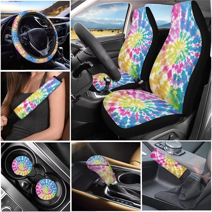 Tupalatus 9 Pcs Colorful Tie-Dye Car Seat Covers Front Seats Steering Wheel Cover Auto Seat Belt Cover Gear Shift Cover Hand Brake Cover Coasters for Cup Holders Universal Fit Car Accessories