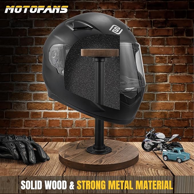 motofans® Industrial Style Helmet Stand, Rustic Burnt Solid Wood and Black Metal Pipe Cap and Wig Display Stand(1pcs)