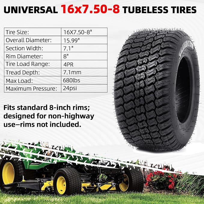 AR-PRO (2-Pack) 16x7.50-8 Tires, 4PR Tubeless Tires Compatible with Riding Lawn Mowers, Garden Tractors, Golf Carts, and Yard Equipment