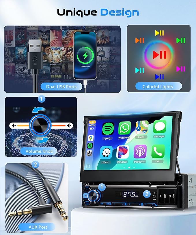 4G+64G Android Single Din Flip Out Car Stereo with Wireless Carplay Android Auto, Sellrich 7" Single Din Flip Out Touchscreen Radio with BT 5.0 GPS WiFi DSP FM/RDS USB/AUX/Type-C SWC Backup Camera