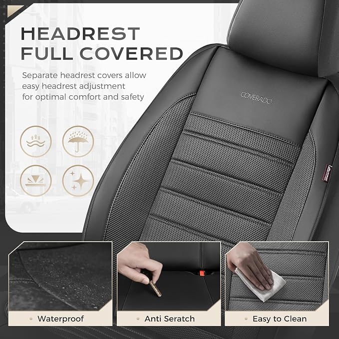 Coverado Car Seat Covers Full Set, Luxury Leather Car Seat Covers, Automotive Front and Rear Mesh Seat Covers, Full Set 5 Seats, Black Seat Covers for SUV Sedan Truck
