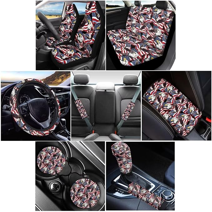 Wanyint Car Accessories 12 PCS, with Car Seat Covers Steering Wheel Seat Belt Pad Armrest Handbrake Gear Shift Cover Coasters 4th of July Universal Auto Interior Decor, American Flag Eagle Print