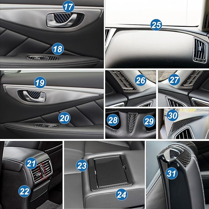 31PCS Real Carbon Fiber Interior Trim Kit Compatible with Infiniti Q50 2014-2024 & Q60 2017–2022, Interior Decor Sticker Accessories