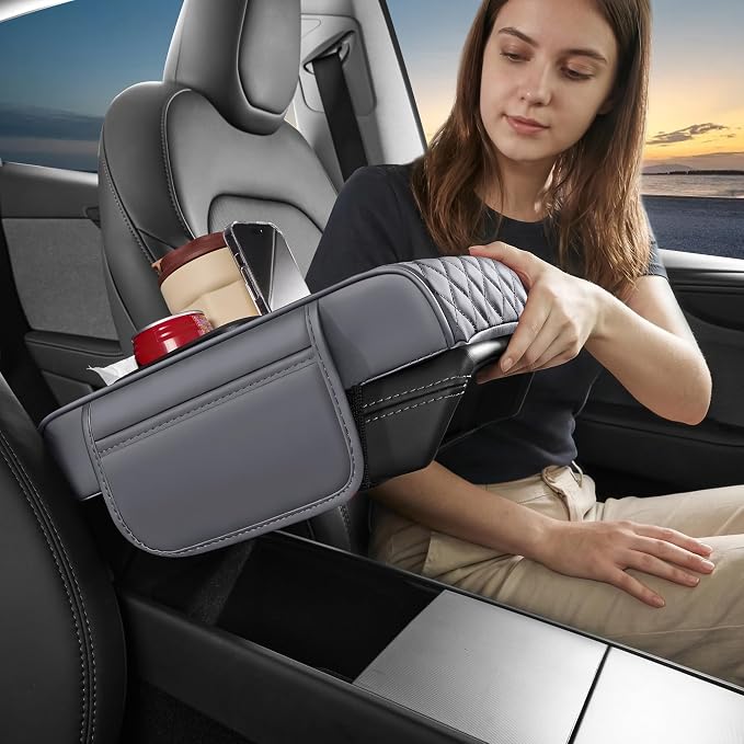 5 in 1 Nappa Leather Console Armrest Cover, Gray | Built-in cup holder, tissue slot, phone holder & 2 storage pockets, practical car accessories fit SUV sedan truck