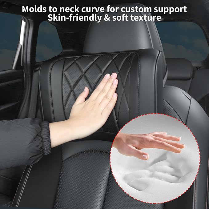 Car Headrest Pillow U-Shaped, Memory Foam Head Neck Support Cushion for Driving, Leather Head Rest Travel Pillows for Sleeping, Breathable Removable Cover, Black, 1 Pack