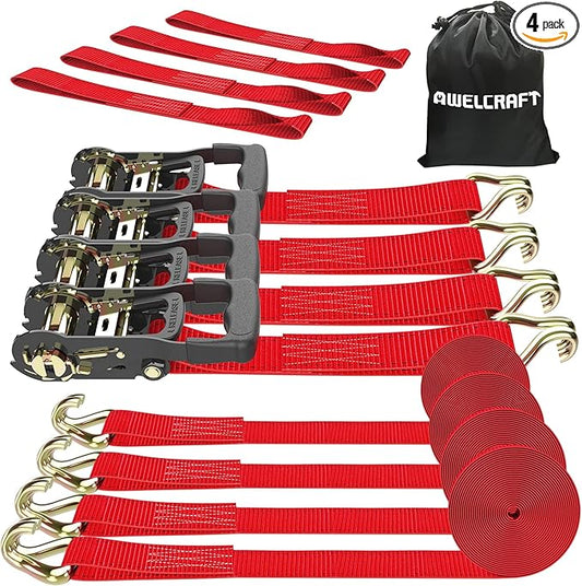 AWELCRAFT Ratchet Straps Heavy Duty 4 Pack,4500lbs Breaking Strength,1.5in×15ft Tie Down Ratcheting Strap with Padded Handles, Double J Hooks & Soft Loops for Motorcycle,Trailer & Trucks (Red)