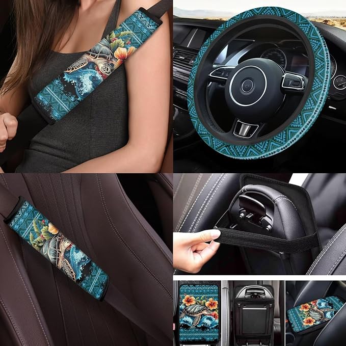 Sea Turtle Car Aaccessories Full Set of 17Pcs,Aztec Sea Turtle Car Seat Covers Set with Car Pass Rubber Floor Mats,Seat Belt Shoulder Pad,Steering Wheel Car Covers,Keychain Wristlet for Women