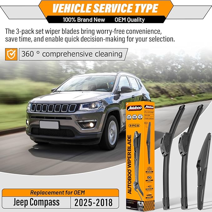 AUTOBOO 24"+18" Windshield Wipers with 10" Rear Wiper Blade Replacement for Jeep Compass 2018 2019 2020 2021 2022 2023 2024 2025 -Original Factory Quality (Pack of 3)