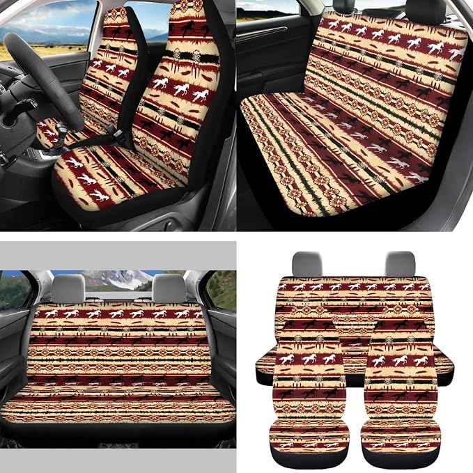 Aztec Horse Car Seat Covers Set of 15 with Universal Steering Wheel Cover, Rearview Mirror Cover, Car Trash Can, Seatbelt Pads, Cup Holder Coasters, Keychains