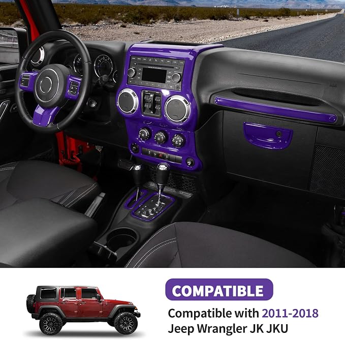 10PCS Full Set Interior Trim Kit for 2011-2018 Jeep Wrangler JK JKU,Center Console Trim, Dashboard Conditioning Switch Co-Pilot Handle Armrest Box Gear Shift Cover Trim(Purple)