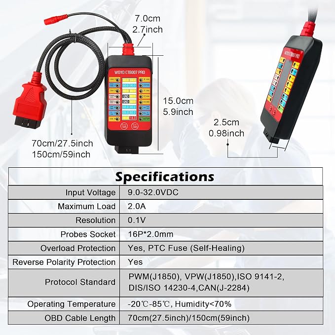 WOYO CTB007 PRO 12V/24V OBD2 Breakout Box with LCD Display 16PIN Vrms, CAN Tester Box with Built-in 120Ω for ECU Testing Tool on Bench, CAN Tester Box, 27.5inch/59inch Extension Cable (150cm/59inch)