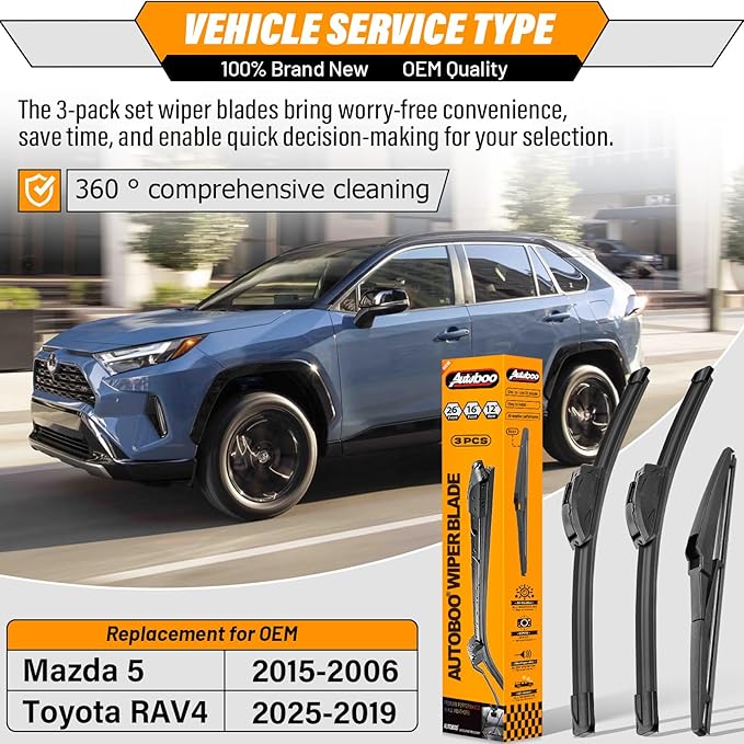 AUTOBOO 26"+16" Windshield Wipers with 12" Rear Wiper Blade Replacement for Toyota RAV4 2019 2020 2021 2022 2023-2025,Mazda 5 2015 2014 2013 2012 2011 2010-2006 -Original Factory Quality (Pack of 3)