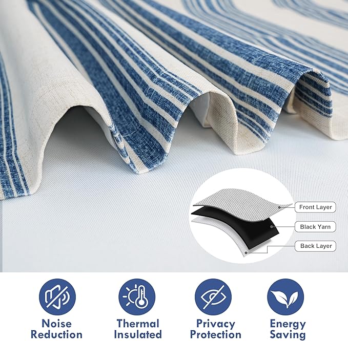 DriftAway Chris Double Layer Linen Blackout Tie Up Curtains Thermal Insulated Fully Lined Vertical Striped Balloon Roman Shade Bathroom Window Adjustable Rod Pocket 45 Inch by 63 Inch Jean Navy