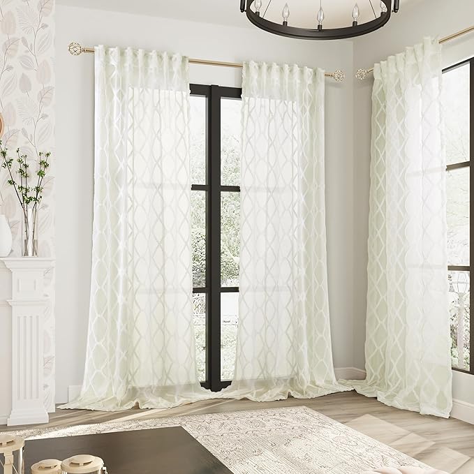 Cream Sheer Curtains 108 Inches Long 2 Panels Rod Pocket Back Tab Top Elegant Ivory Drapes for Bedroom Light Filtering Privacy Window Treatment Extra Long Embroidered Sheer Curtains for Living Room