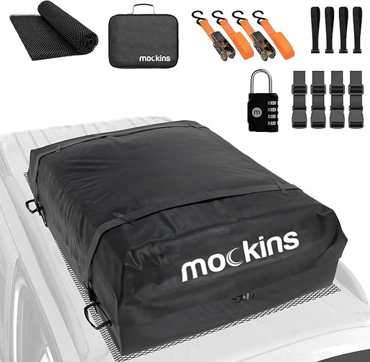 Mockins 16 Cu Ft No Rack Rooftop Cargo Carrier Bag | 45"x34"x18" Weatherproof Rooftop Cargo Bag for Top of Car | Car Topper Luggage Carrier Waterproof Set w/Accessories | Vehicle Soft-Shell Carriers