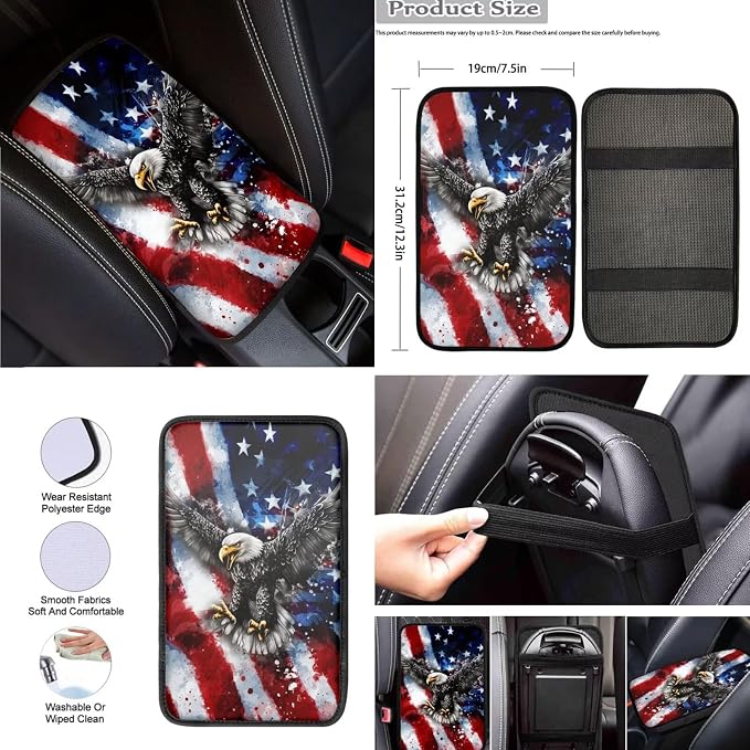 8 Pcs American Flag Eagle Car Seat Covers Full Set Car Accessories for Women Front Seat Cover Steering Wheel Armrest Cover Seat Belt Cover for Auto SUV Interior Decoration