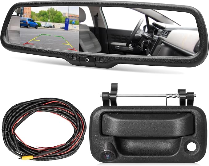RED WOLF Tailgate Backup Camera + 7" Rear View Mirror Screen Monitor Fit for Ford 2004-2014 F150/ 2009-2016 F250/F350 Pickup Trucks 4.3” Mirror Video LCD, Reverse Adjustable Parking Line Safety