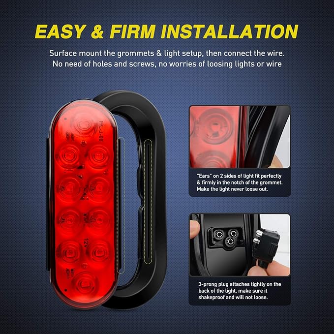 Nilight - TL-01 6" Oval Red LED Tail 2PCS w/Surface Mount Grommets Plugs IP65 Waterproof Stop Brake Turn Trailer Lights for RV Truck Jeep