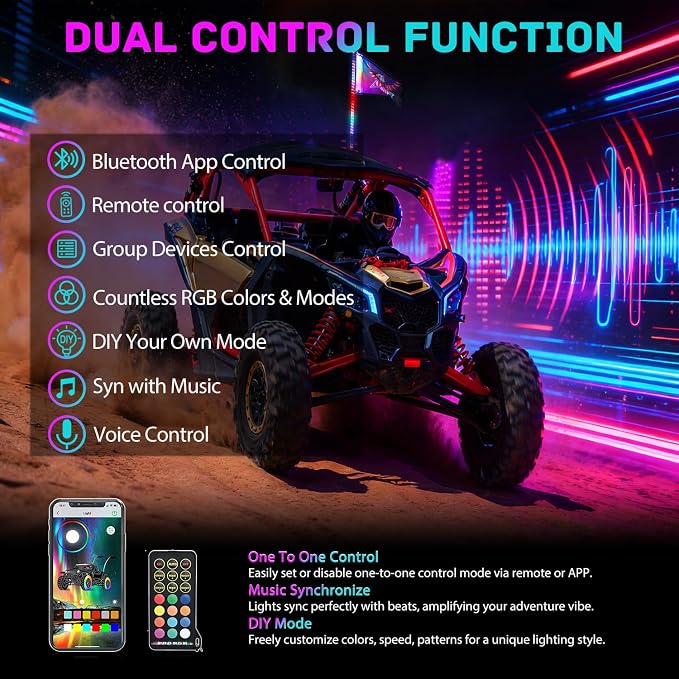 Nilight LED Whip Light 1 PC 4FT COB RGB Spiral Lighted Antenna with Spring Base, Bluetooth App & Remote Control DIY Chasing Patterns & Music Sync Safety Whips for ATV UTV RZR Polaris Can-Am Truck