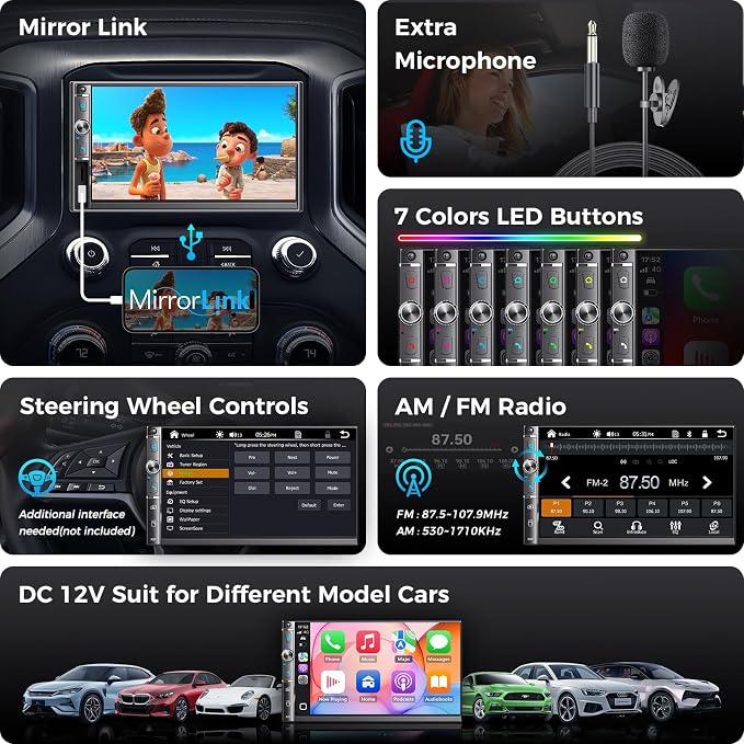 7" Double Din Car Stereo, Wireless Apple Carplay & Android Auto, HD Touchscreen, Bluetooth, 240W, SWC, Subwoofer Output, FM/AM, Mirror Link, Backup Camera, Car Radio Receiver