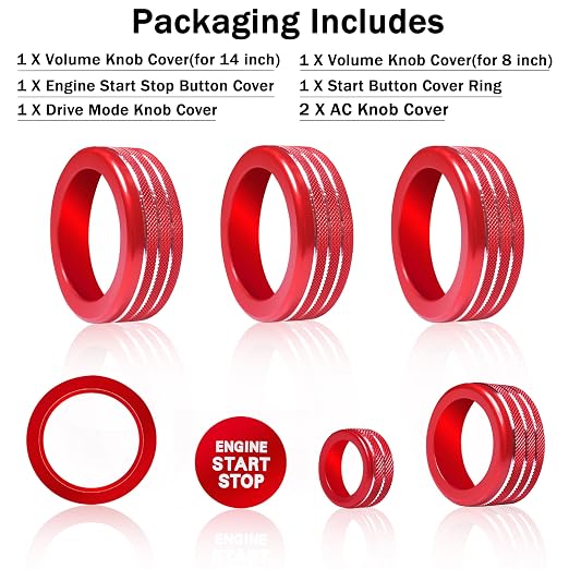Knob Covers for Toyota Tacoma Accessories 2024 2025 2026 8" or 14" Touchscreen Air Conditioner Engine Start Stop Button Ring Drive Mode Switch Audio Center Console Button Knob Cover 7 Pcs (Red)