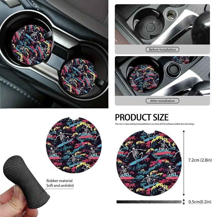 Skull Surfing Print Car Accessories Set Car Seat Covers Steering Wheel Covers Seatbelt Strap Cover Garbage Cans Air Vent Storage Bag Rear View Mirror Cover Cup Holder Key Chain, 15 Pcs