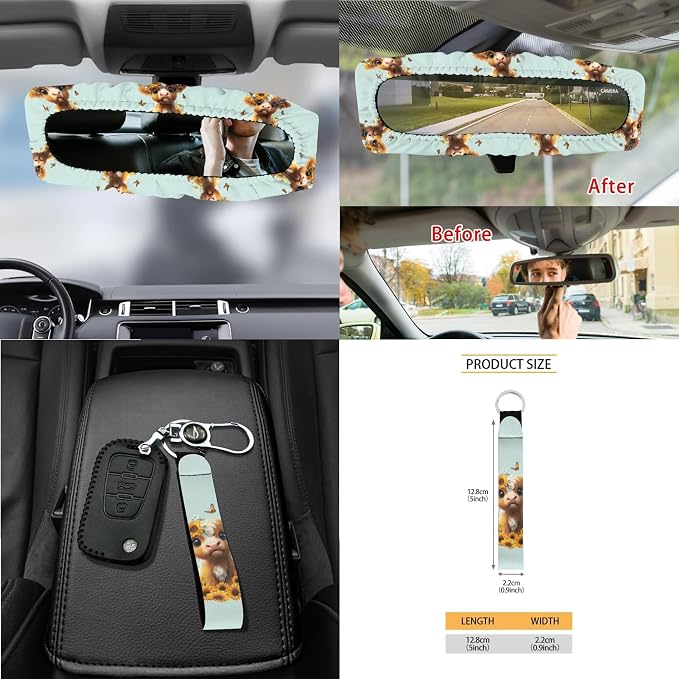 Cow Sunflower Butterfly Print Car Seat Cover Set Steering Wheel Cover Seatbelt Strap Pad Cup Coasters Air Vent Storage Holder Garbage Cans Rearview Mirror Covers Key Chain, 15 Pack