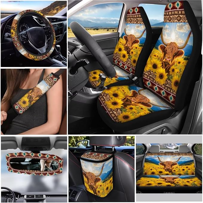 Sunflower Highland Cow Car Seat Covers Set of 12 Seat Belt Pad Cover Steering Wheel Cover Car Trash Can Rear View Mirror Cover Cup Coasters Keychains Keychain Holder