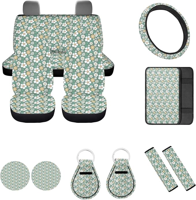 Vintage Groovy Flower Car Seat Covers Set for Women Men,Green 70S 80S Floral Cute Steering Wheel Cover for Cars,Universal Fit Seatbelt Pads Armrest Cushion Keychains