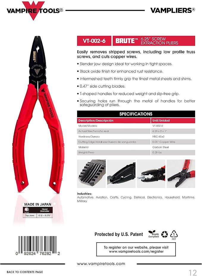 VAMPLIERS 2-PC Screw Extractor Pliers Set. Made in Japan: 8" Linesman Pliers, 6.25" Black Oxide Multipurpose Plier + Tool Pouch