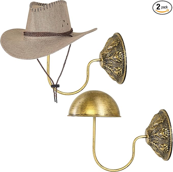 Owlgift Wall Mount Hat Racks Set of 2 - Vintage Gold Iron Hat Holders - Heavy Duty Wall Mounted Display Stand for Baseball Caps, Fedoras & Wigs - Rustic Decorative Closet Storage Organizer