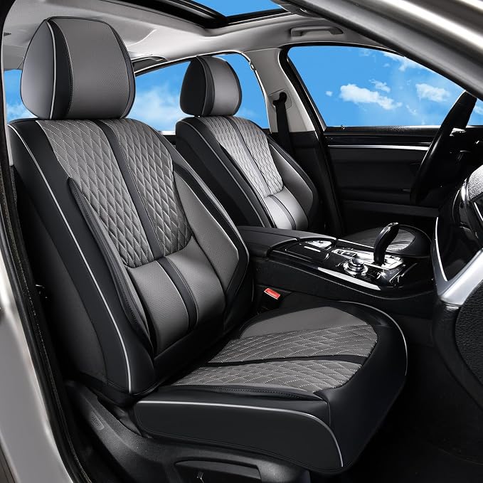 Huidasource Automotive Seat Covers, Nappa Leather Seat Covers Leather with Velcro Adjustable, Airbag, Lumbar Support, Cooling＆Heating, Waterproof Seat Covers Fit for Most Cars SUV Trucks, Black＆Gray
