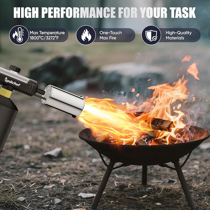 Propane Torch Gun with One-Touch Max Fire, Kitchen Blow Torch with a Safety Lock for Sous Vide Searing Steak, Grill, Charcoal Starter, Campfire (Propane Tank Not Included)
