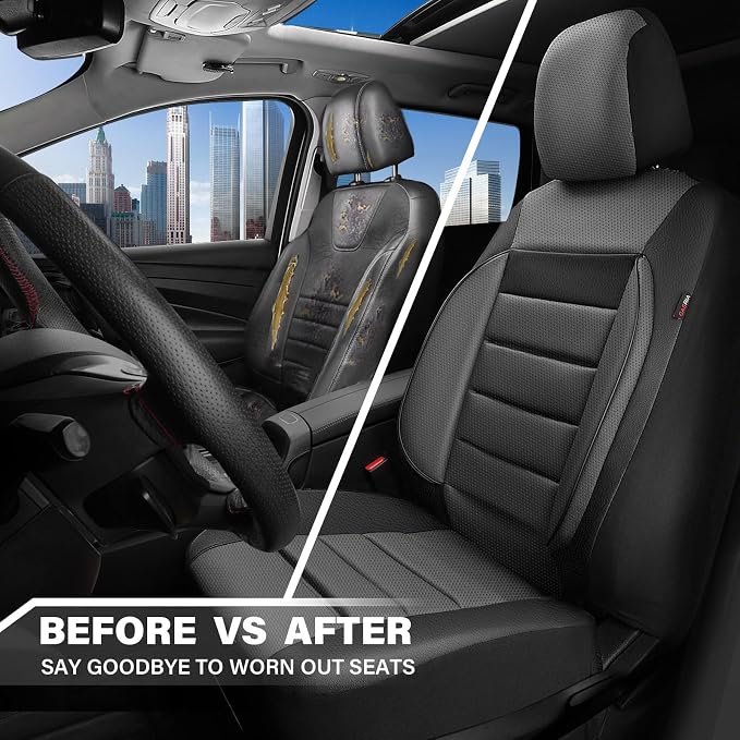 CAR PASS Car Seat Covers Front Seats Only, Universal Fit Automotive Interior Waterproof 3D Foam Back Support Car Seat Covers for Trucks Vans and SUVs Airbag compatible 2 Pieces black gray grey