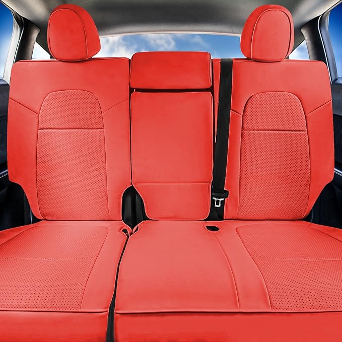 FH Group Custom Fit Car Seat Covers Specifically Made for 2020-2025 Tesla Model Y Faux Leather Water Resistant Automotive Seat Covers -Rear Set Solid Red