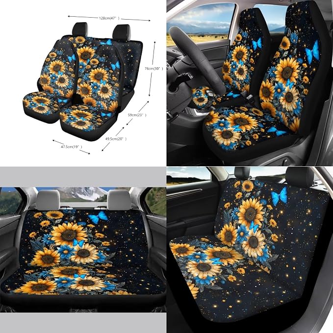 Blue Butterfly Sunflower Print Car Accessories Car Seat Covers Full Set with Steering Wheel Covers+Seat Belt Pads+Coasters+Keychain+Lipstick Holder Universal Fit(13 Pack)