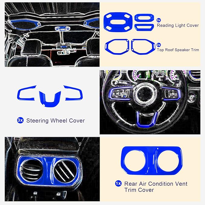 21PCS Full Set Interior Decoration Trim Kit Compatible with Jeep Wrangler JL JLU & Gladiator JT 2018-2021,Steering Wheel,Reading Light,Air Conditioning Vent,Headlight Switch,Speaker Covers(Blue)