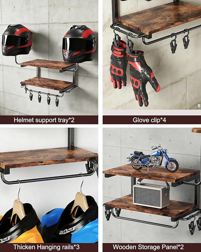 Motorcycle Helmet Holder Wall Mount, 2-Tier Helmet Rack with 2 Hat Stands, Motorcycle Accessories Gear Storage Organizer Display for Men Jackets, Caps in Garage, Living Room (Rustic Brown)