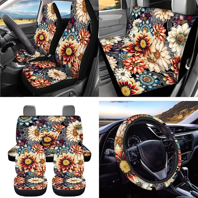 Dreaweet Mandala Lotus Car Seat Covers Full Set for Women Flower Car Accessories Interior with Steering Wheel Covers Seatbelt Covers Coaster Trash Can Air Vent Holder Rear View Mirror Cover Keychain