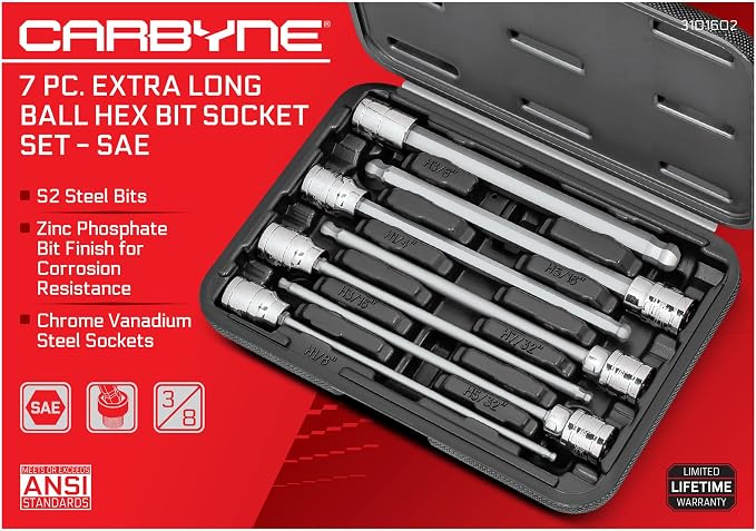 CARBYNE 7-Piece Extra Long Ball End Hex (Allen) Bit Socket Set, SAE 1/8 in. to 3/8 in., 3/8 in. Drive, S2 Steel, CrV Sockets, Zinc Phosphate Bit Finish, 6.1 in. Length, Durable Case