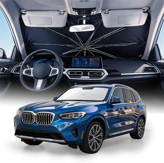 [2026 Upgraded] Weektic Custom Windshield Sun Shade Umbrella for BMW X3 2018-2024, [Double Thickened Ice Crystal Coating] Sun & Heat Protection, Keep Vehicle Cool & Protect Interior