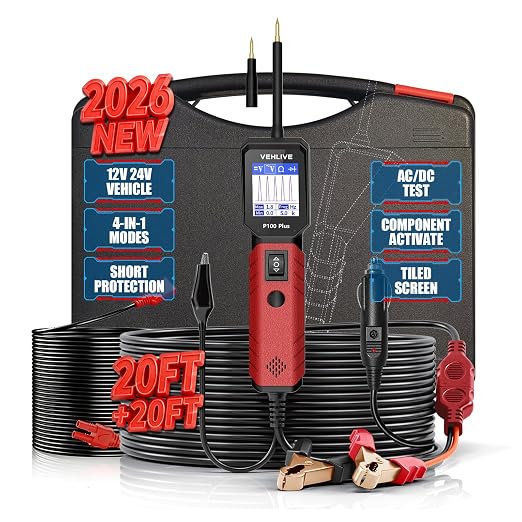 P100 Plus Automotive Power Circuit Probe Tester,12V 24V Car Automotive Diagnostic Test Tool, Digital Volt Ohm Meter W/Overload Protection, Circuit Fault Finder w/ 40FT Cable & Angled Screen
