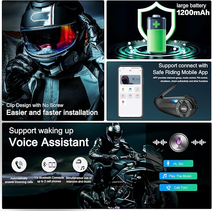 EJEAS Q8 Motorcycle Helmet Bluetooth Intercom, New Mesh 3.0 Group Intercom System with Music Sharing and Channel Switching for 6 Riders Talking at The Same Time (1 Pack)