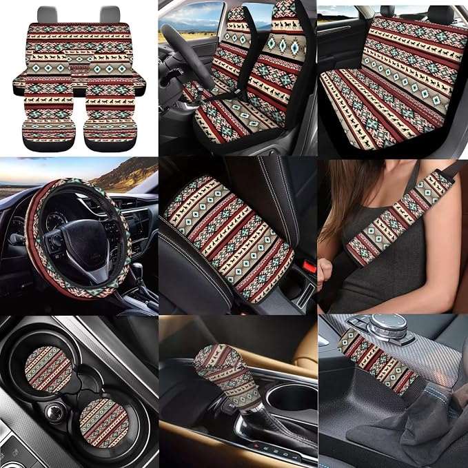 Dreaweet Aztec Ethnic Tribal Horse Car Seat Covers Full Set 12 Pcs Car Accessories,Steering Wheel Cover/Armrest Cover/Seatbelt Covers/Cup Coasters/Gear Shift Cover/Handbrake Cover,Universal Fit