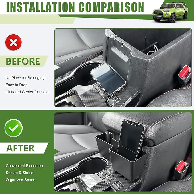 Center Console Organizer for 2010-2024 Toyota 4Runner Upgraded Hanging Armrest Box Extra Storage Space Tray for 4 Runner Interior Accessories(Fit 10-24/Hanging Organizer)